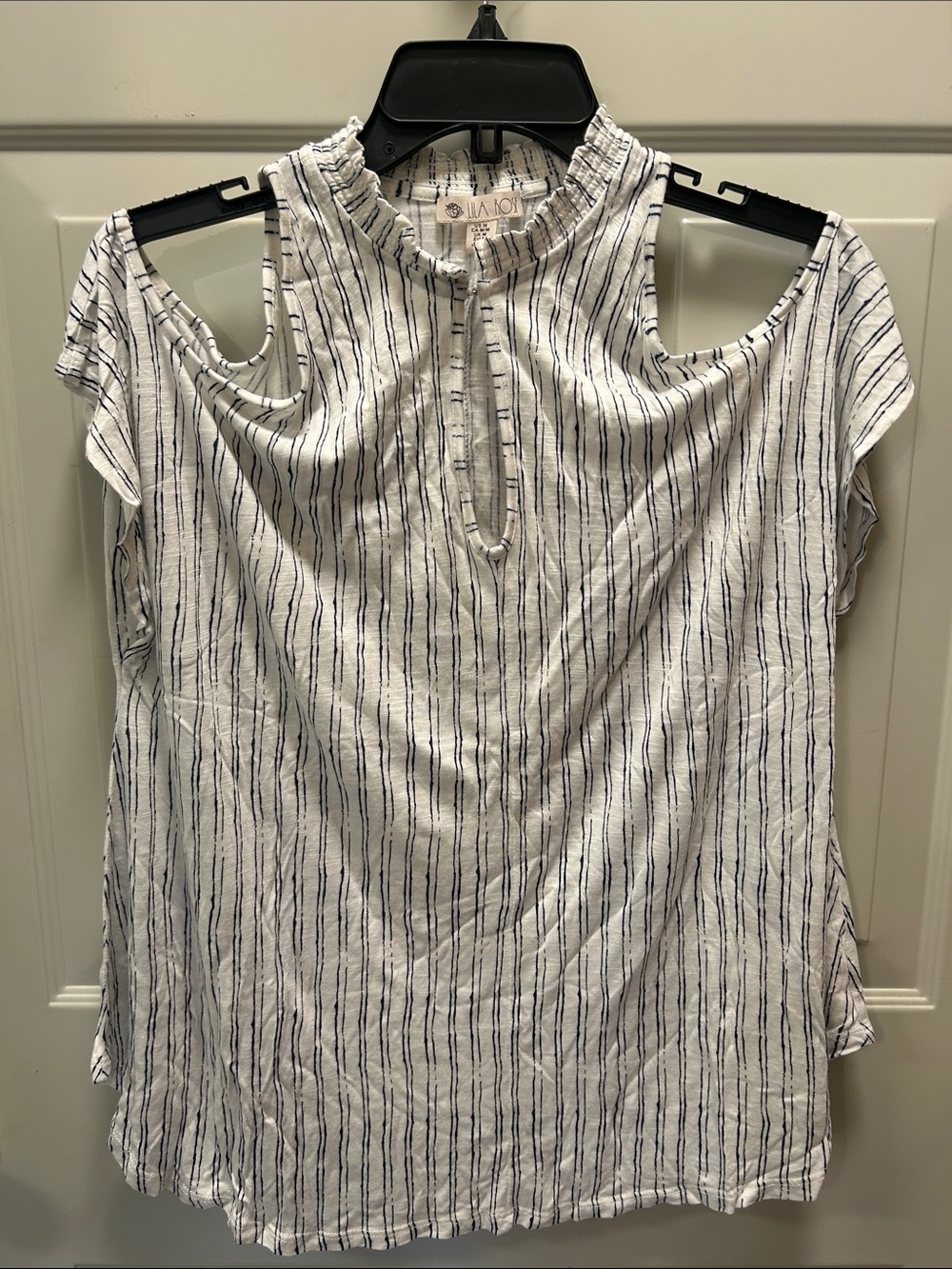 Lila Rose White Cold-Shoulder Striped Top with Navy Lines